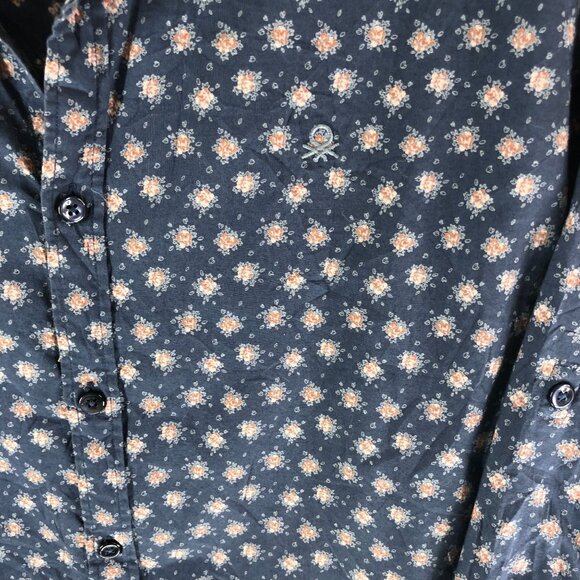 United Colors of Benneton Mens Button Down Shirt Floral Print Slim Cotton Blue M - Picture 2 of 6